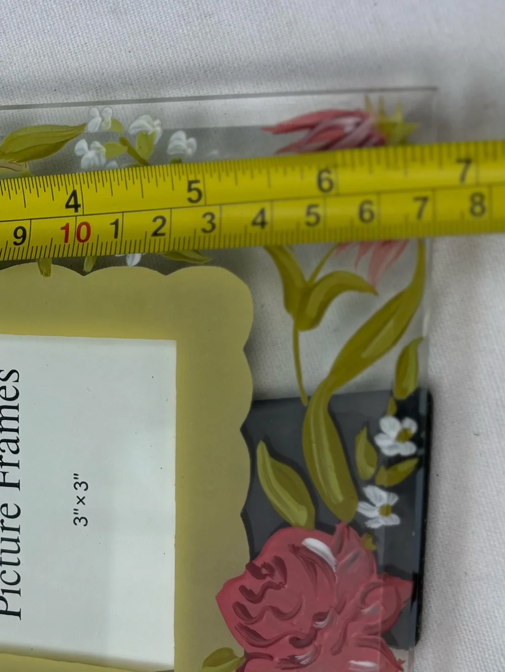 NEW Hand Painted Pink & Green Floral Picture Frame Clear Glass 7” x 7”
